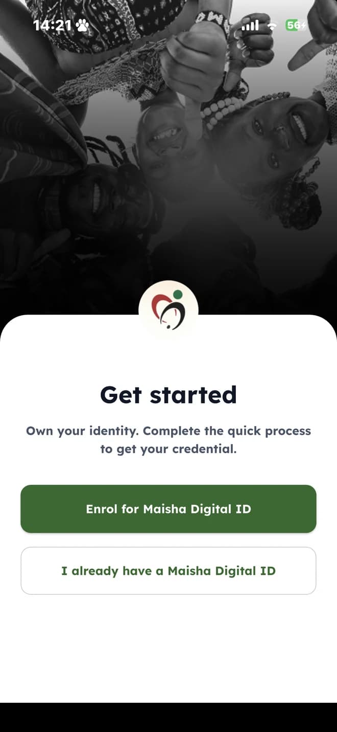 The Maisha Digital ID app get-started screen, offering enrolment for a digital ID credential or sign-in with an existing one.