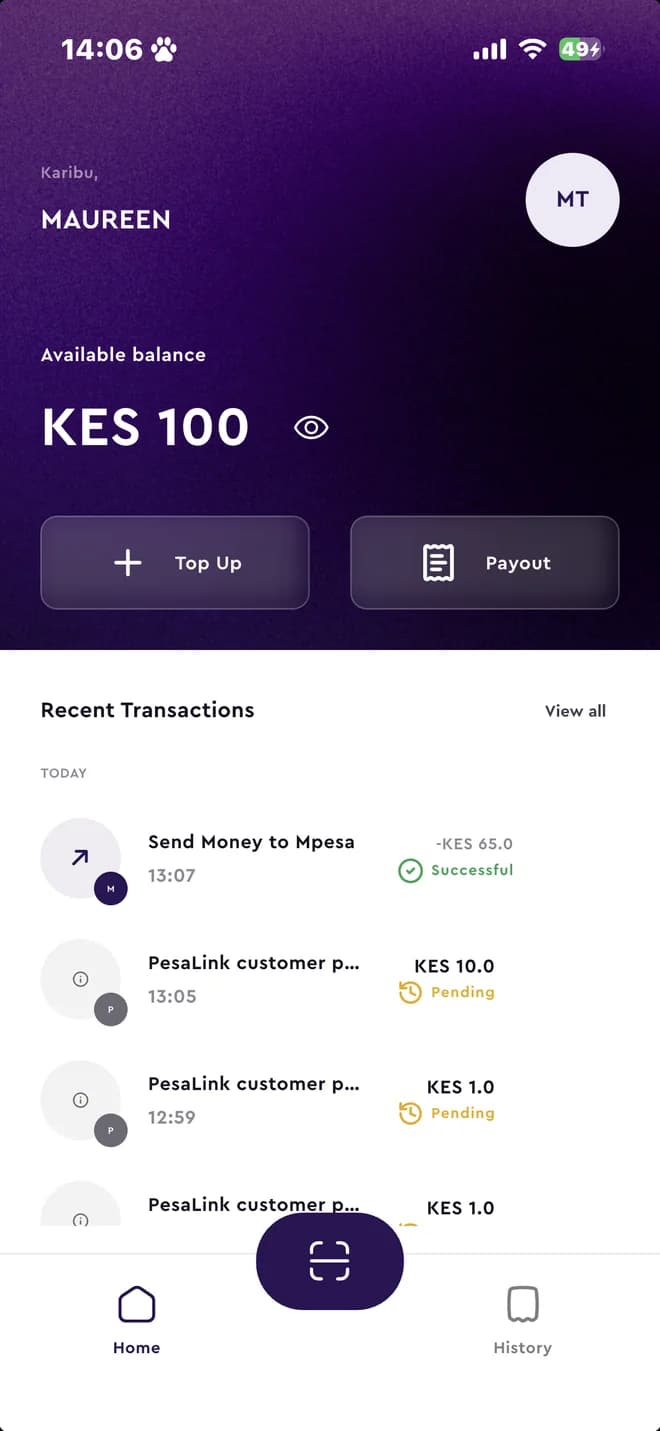 The Mzizi wallet app home screen, showing an available balance, top-up and payout actions, and a list of recent transactions.